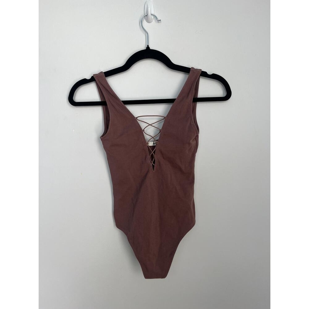 Wilfred Free Bodysuit Women XS Mauve Stretch Ribbed Open Back Balletcore Chic